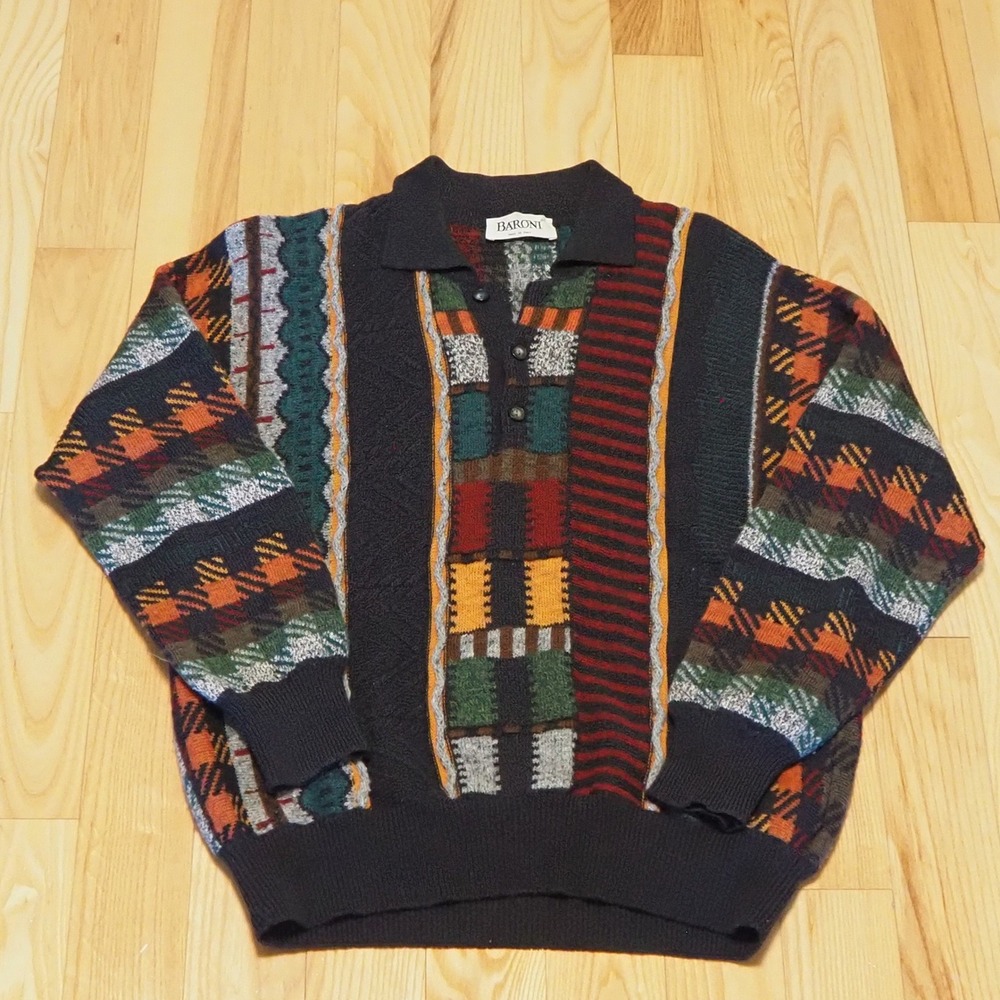 Vintage 3D Knit Collard Grandpa Sweater‎ Baroni Made in Italy Sz 52 Large Cosby